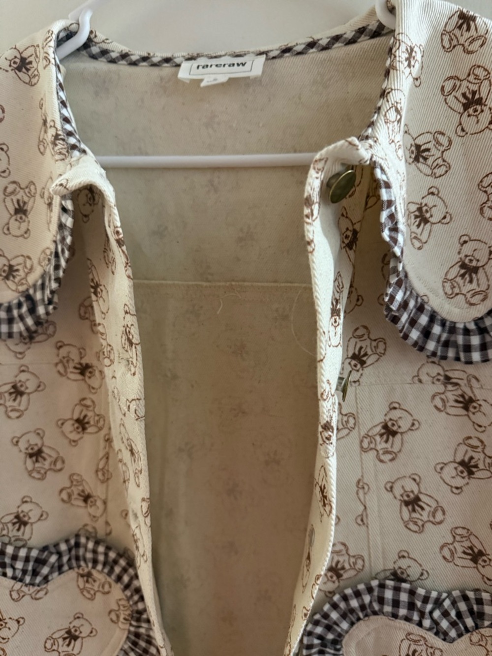 Rare raw Cream Teddy-Print Heart Pocket Jean Jacket - Picture 7 of 7